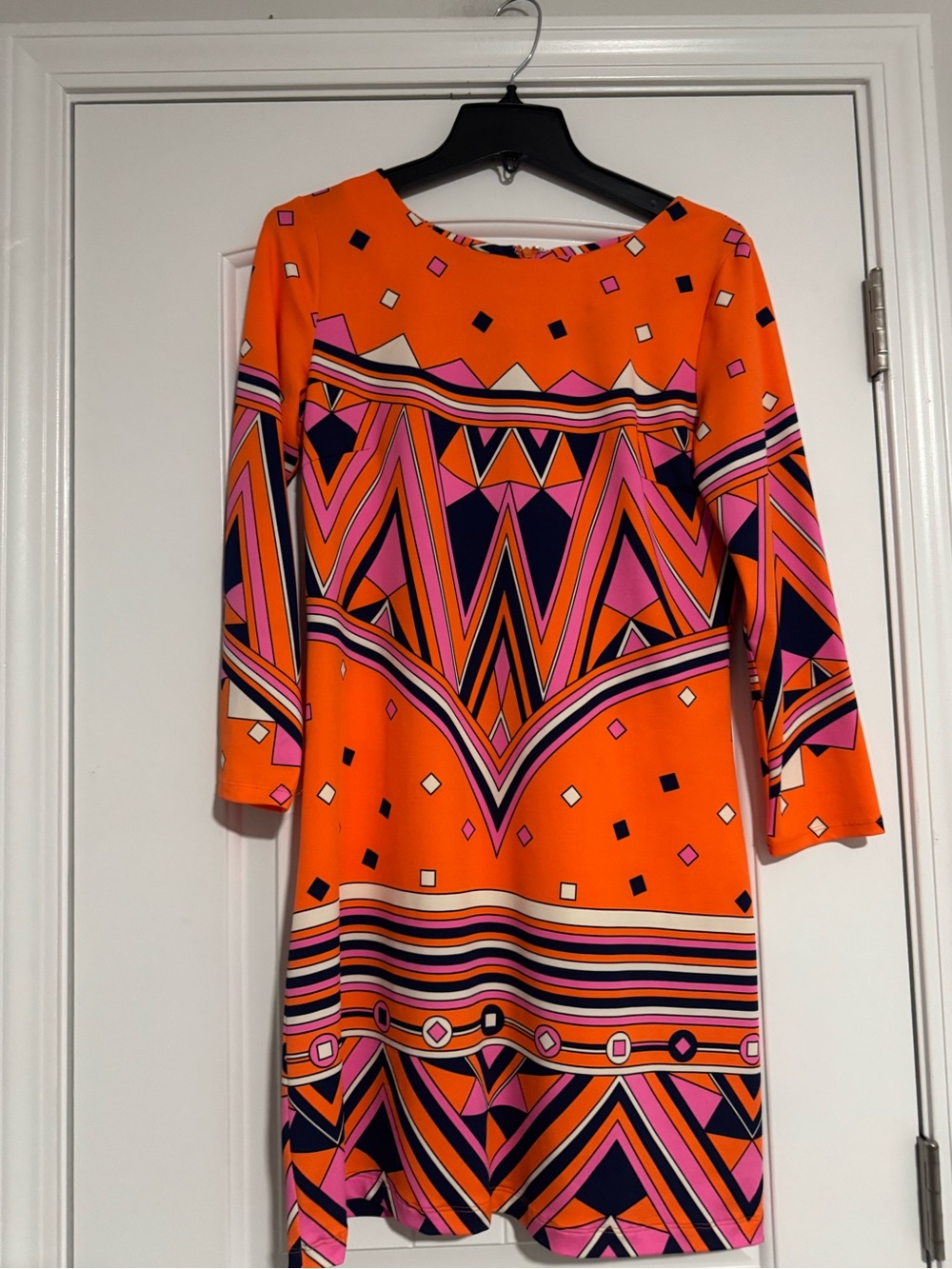 JB by Julie Brown Orange Geometric Shift Dress with Pink & Navy Accents